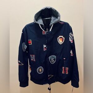 Tommy Hilfiger Men's Navy All Over Graphic Jersey Hood Bomber Jacket XL